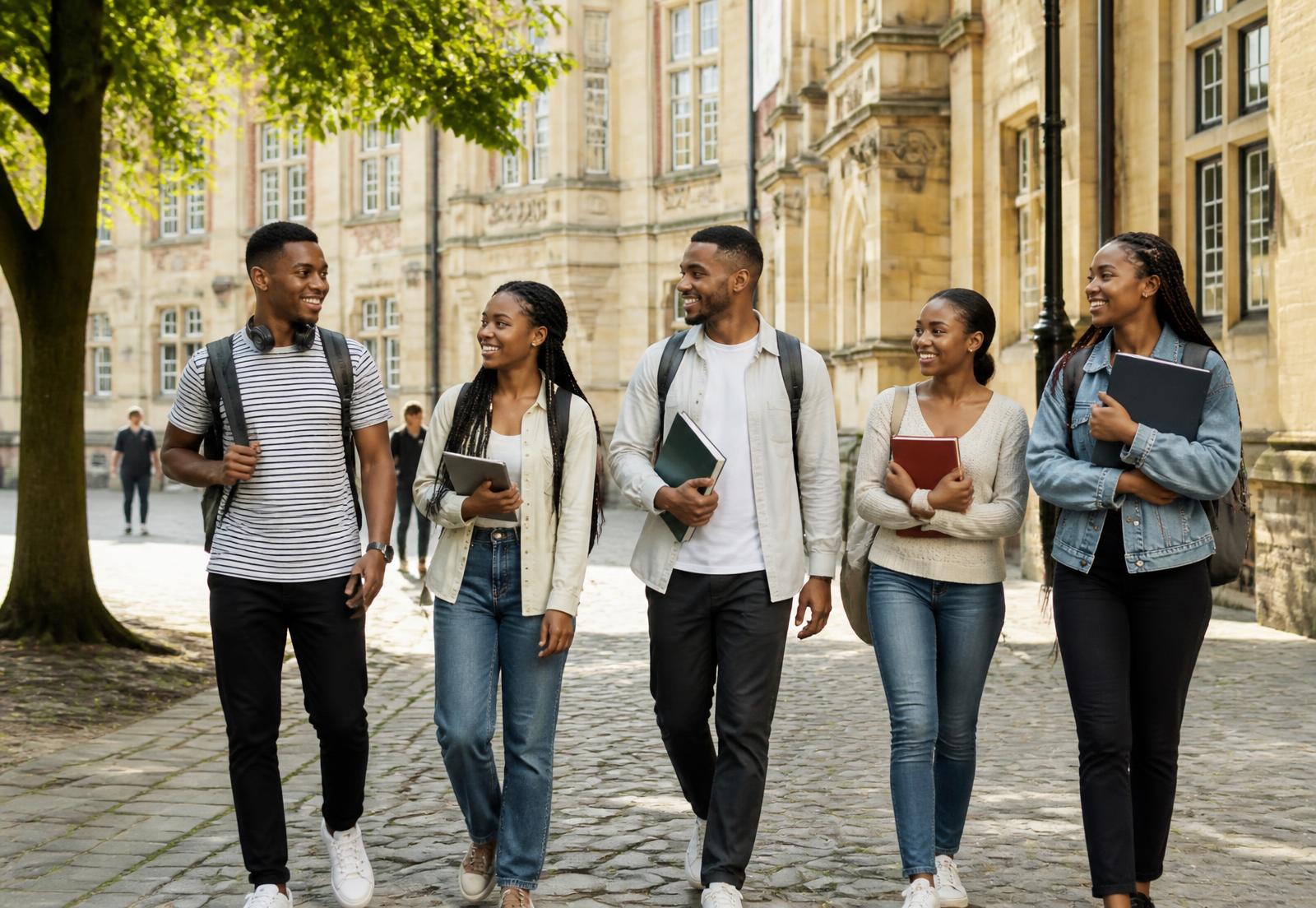International students walking together on a European university campus